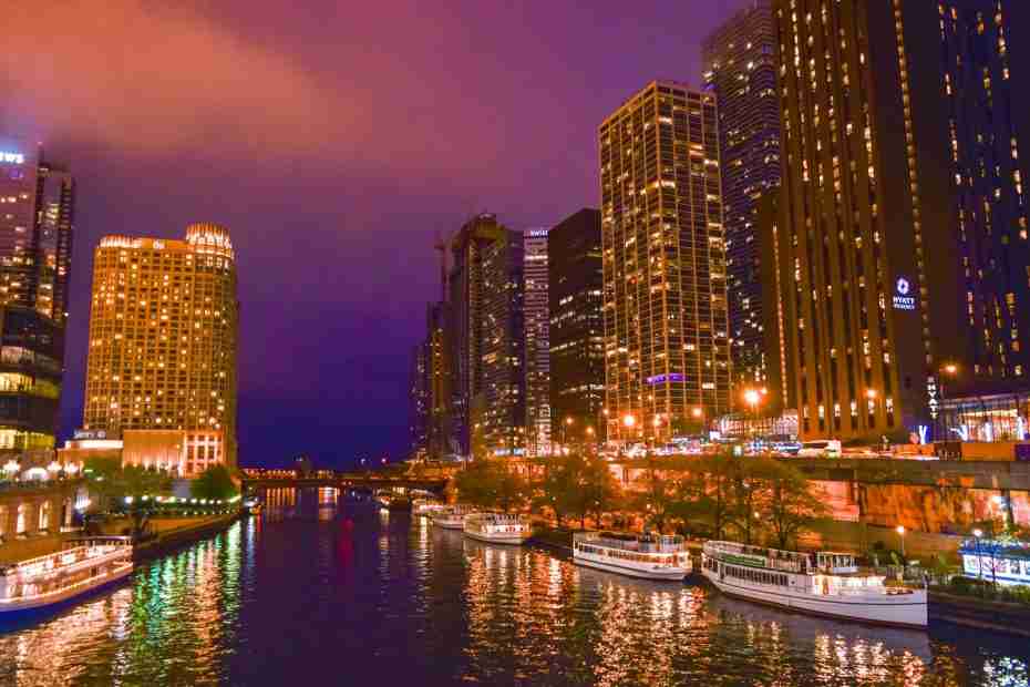 city skyline during night time, chicago tour, river