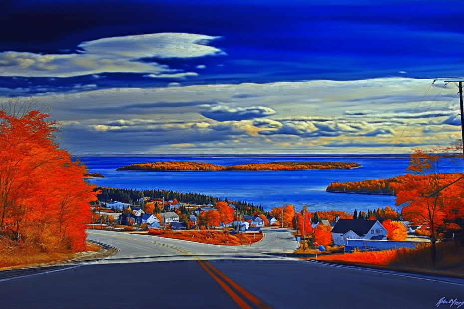 ai generated fall colors in door county wisconsin, painting lake season