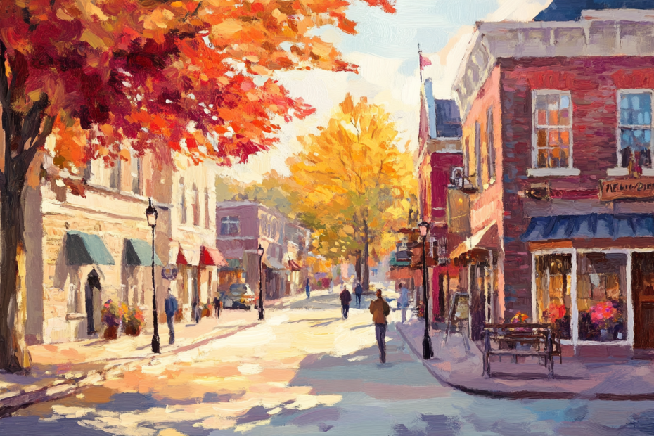ai generated fall scene of a small midwestern town staylakemichigan